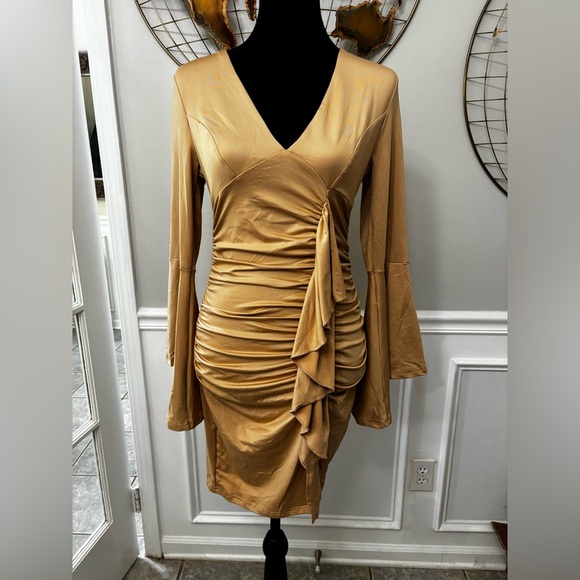 Dresses & Skirts - NWT | Elegant Formal Deep V-Neck Flared Long Sleeve Ruched Stretchy Bodycon Midi
